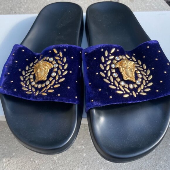 Versace Medusa Crystal Studded Purple Velvet Slides - Picture 1 of 4